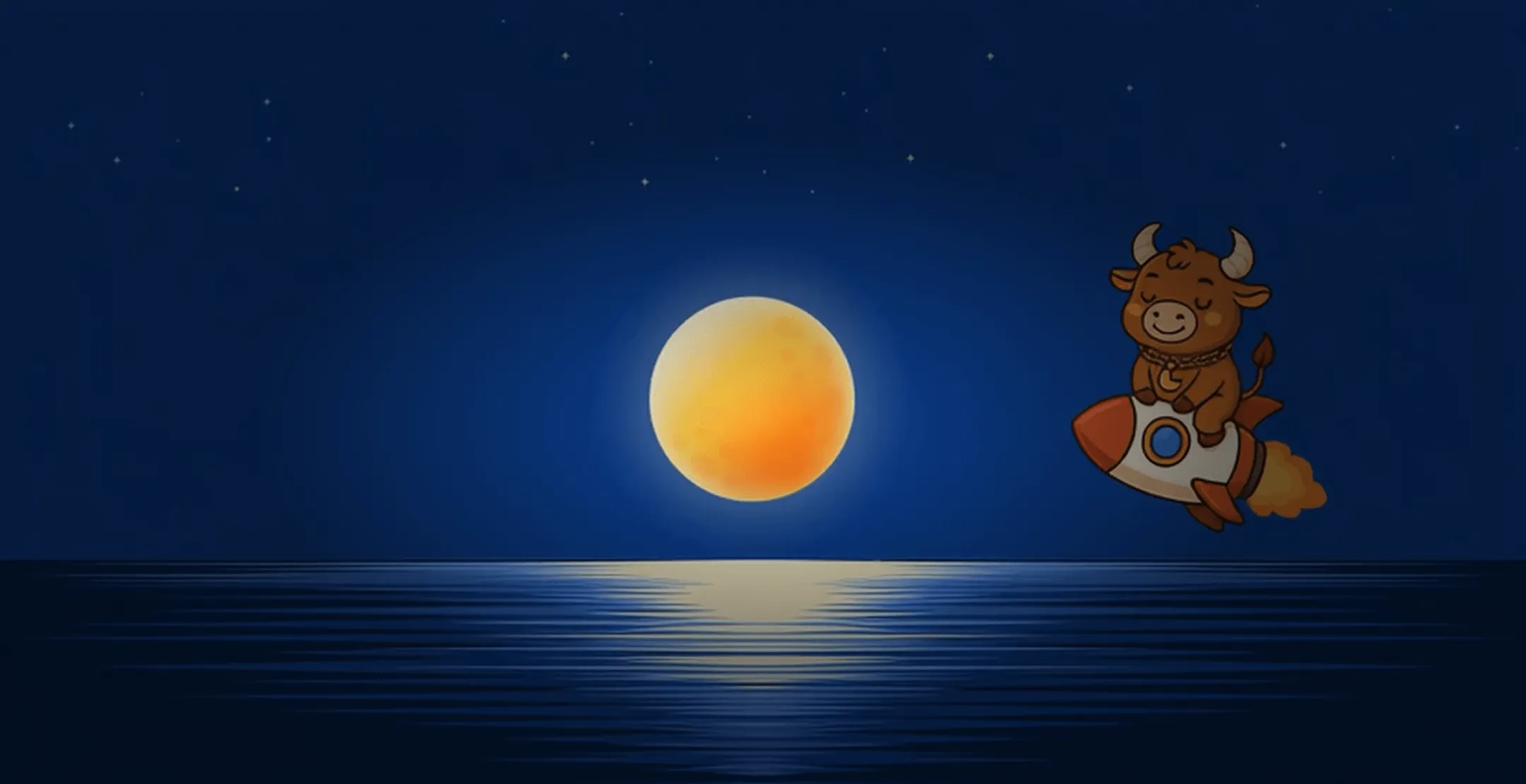 Moonbull riding a rocket across the ocean to the moon